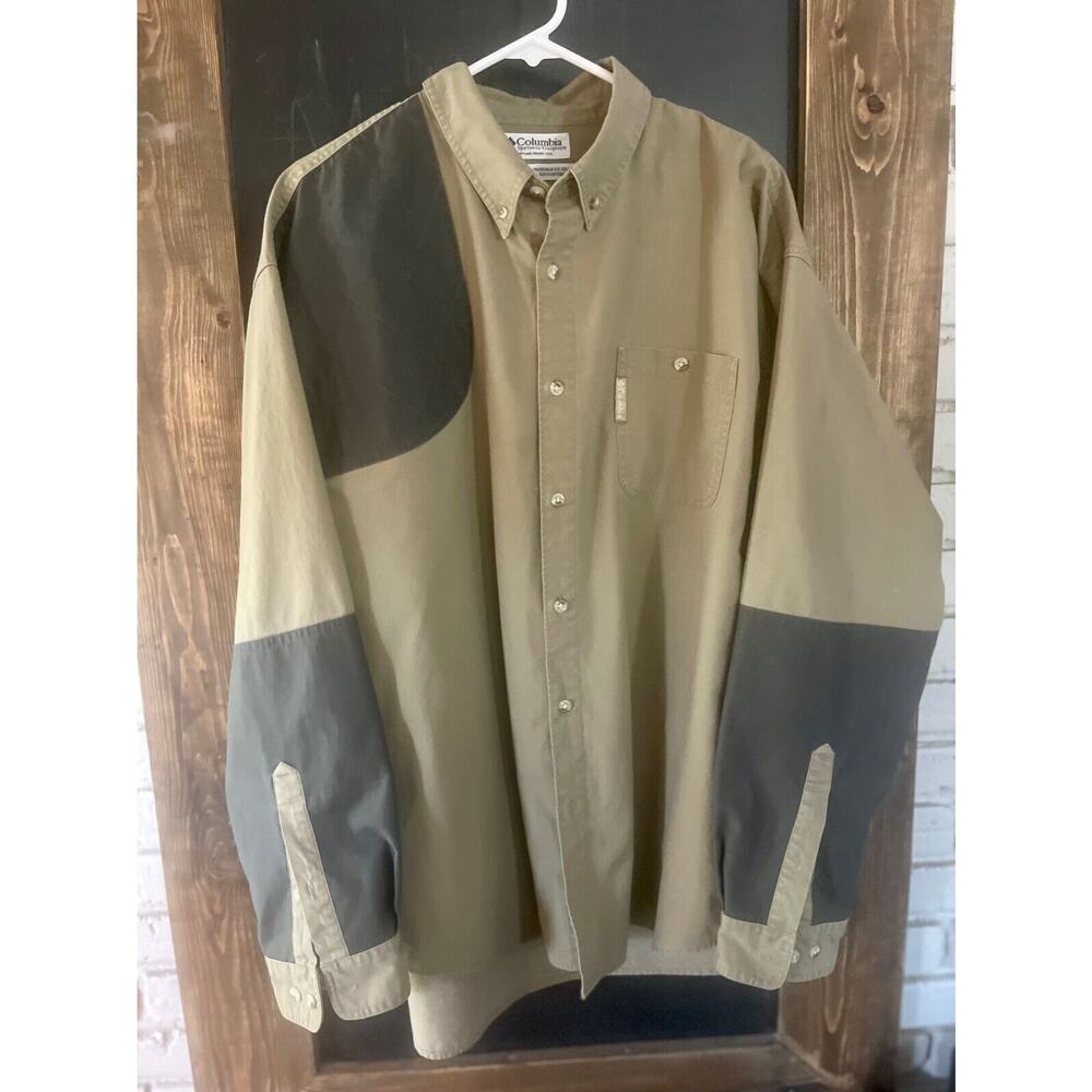 Columbia Shooting Shirt Quilted Shoulder Patch Mens Size XL‎ Two Tone Brown EUC